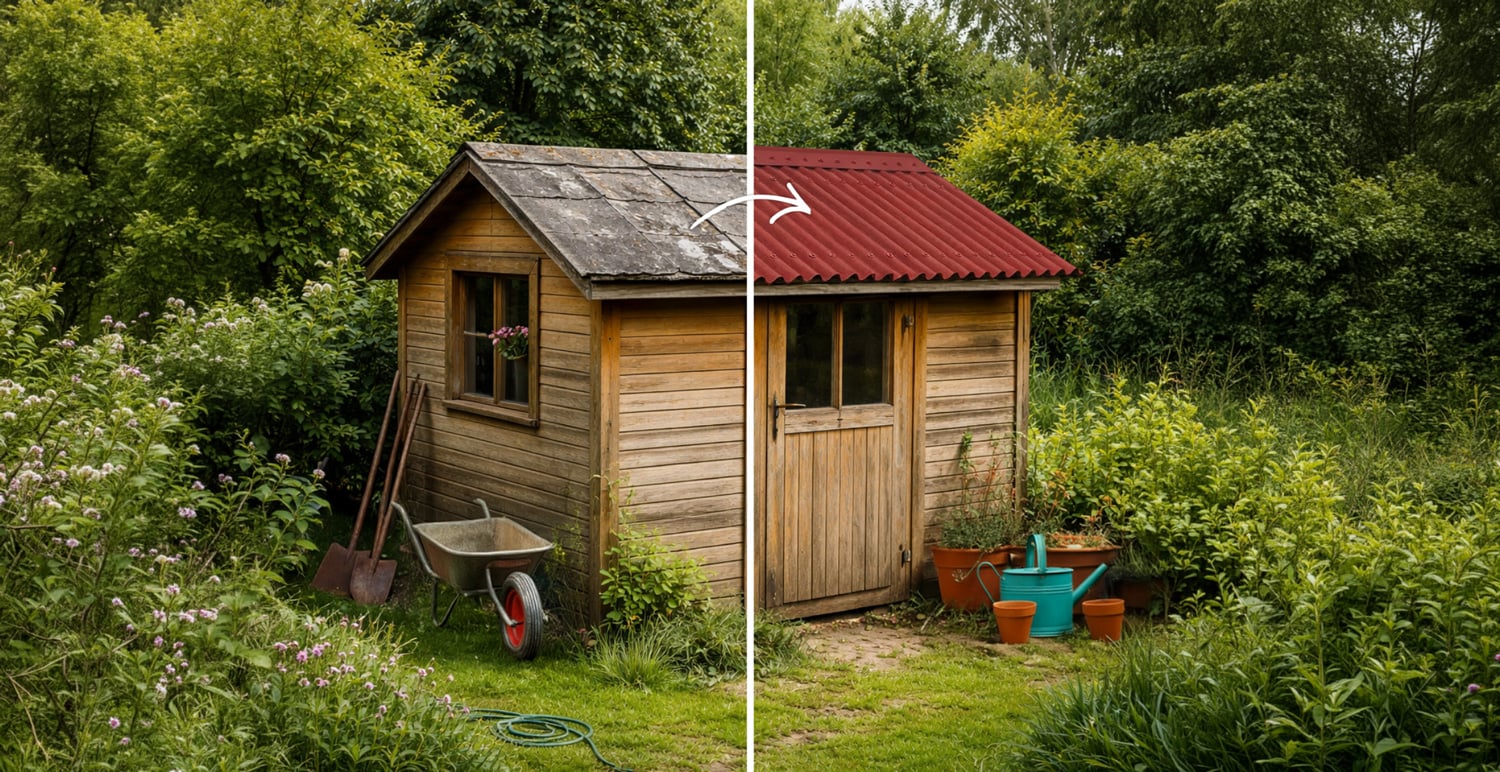 Ein Splitbild mit einem defekten und einem neu gedeckten Gartenhausdach.