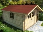 Gartenhaus mit ONDULINE Gartenhausbahn in rot.