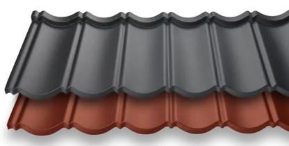 Produktabbildung von schwarzen und roten COLORROOF Metalldachpfannen.