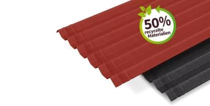 Produktabbildung von schwarzen und roten ONDULINE Bitumenwellplatten.