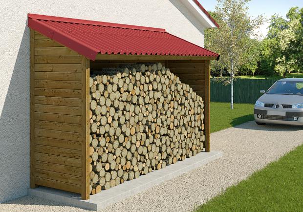 Holzunterstand am Haus mit Onduline Easyfix Compact Wellplatten in rot
