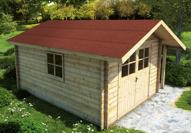Gartenhaus mit ONDULINE Gartenhausbahn in rot.