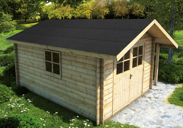 Gartenhaus mit ONDULINE Gartenhausbahn in schwarz.