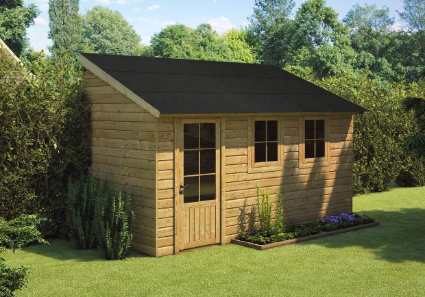 Gartenhaus mit ONDULINE Gartenhausbahn in schwarz.