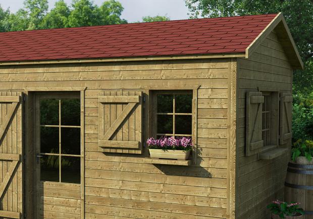 Gartenhaus gedeckt mit BARDOLINE CLASSIC Dreieck in Rot.