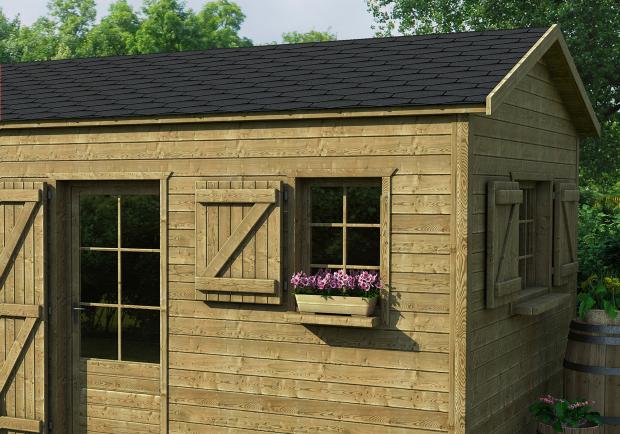 Gartenhaus gedeckt mit BARDOLINE CLASSIC Dreieck in Schwarz.