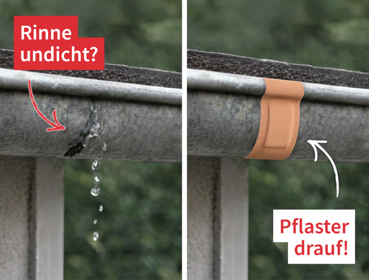 Ein Splitbild mit einer undichten und einer geklebten Rinne.