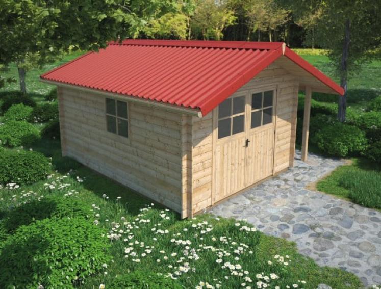 Ein Gartenhaus mit roten Bitumenwellplatten, ganz ohne Moos.