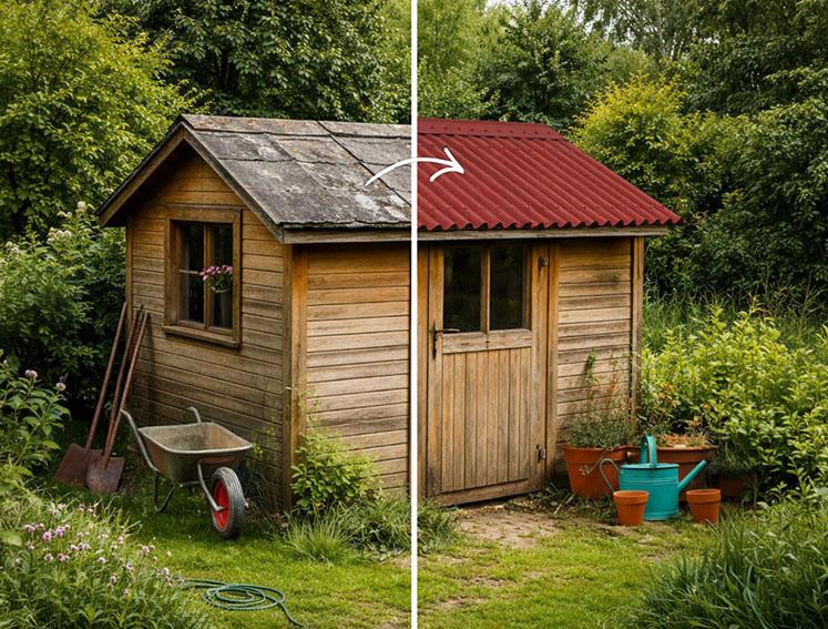 Ein Splitbild, das Overoofing am Beispiel Gartenhaus verdeutlicht.