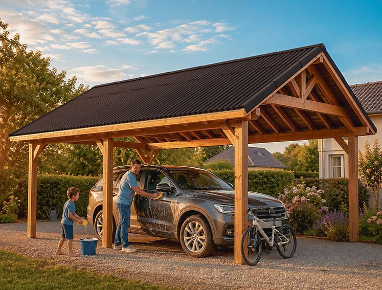 Unter einem Carport waschen Vater und Sohn ein Auto.