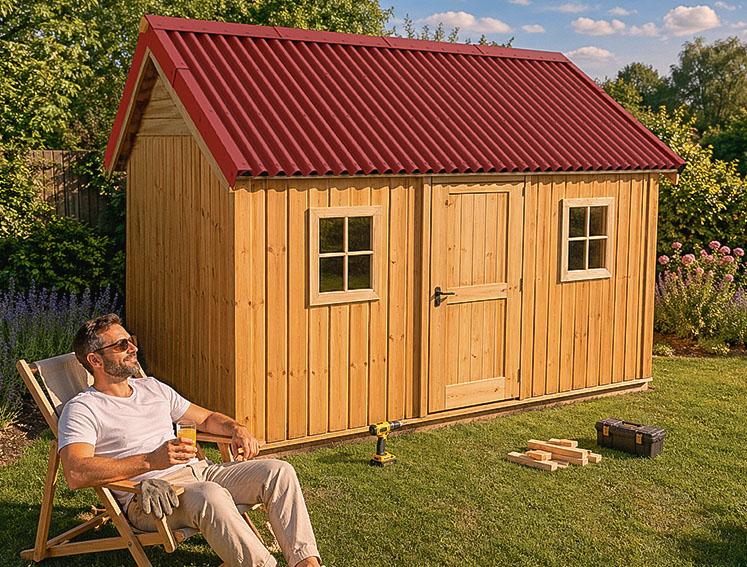 Ein Mann sitzt neben seinem Gartenhaus in einem Liegestuhl.