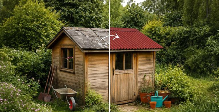 Ein Vorher-Nachher-Bild von einem Gartenhaus, bei dem das Dach mit Overroofing erneuert wurde.