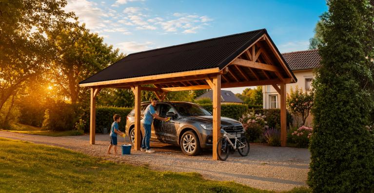 Unter einem Carport waschen Vater und Sohn ein Auto.