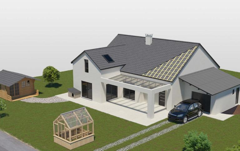 Ein Wohnhaus mit Garage, Gartenhaus und Gewächshaus.